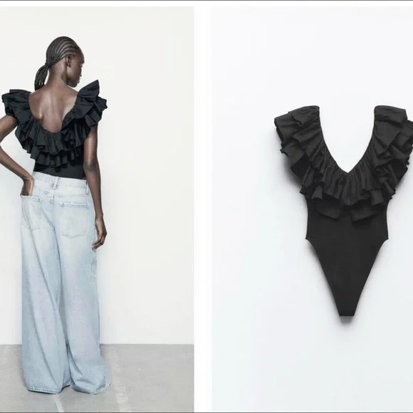 【最終価格】BACK RUFFLED TOP ネイビー　36 ZW COLLECTION RUFFLED TOP - Black | ZARA United States